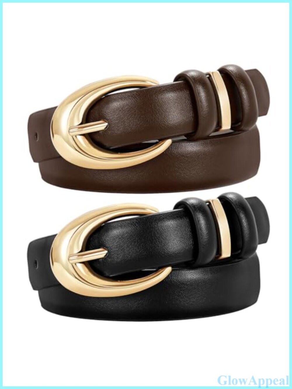Women Faux Leather Belt 2 Pack Gold Buckle Jeans Pants